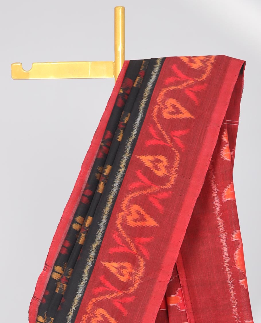Brown ikkat cotton saree with folwer buttas , Contrast intricate border & floral vine design pallu