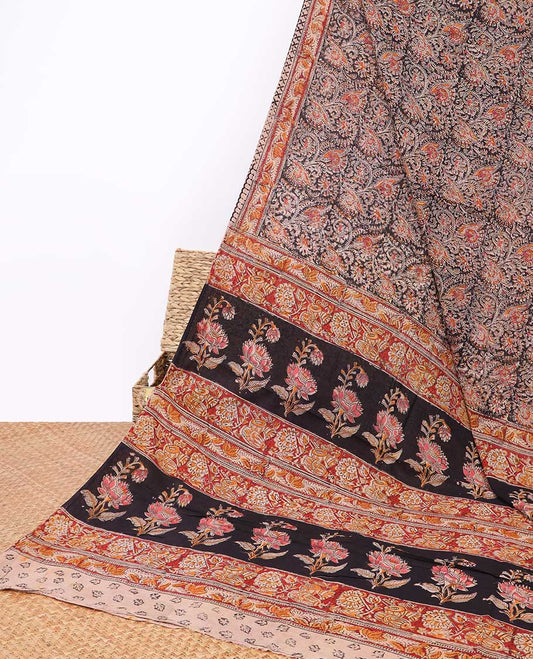 Multi-color floral design machine-printed kalamkari cotton saree with contrast floral border & intricate floral design pallu