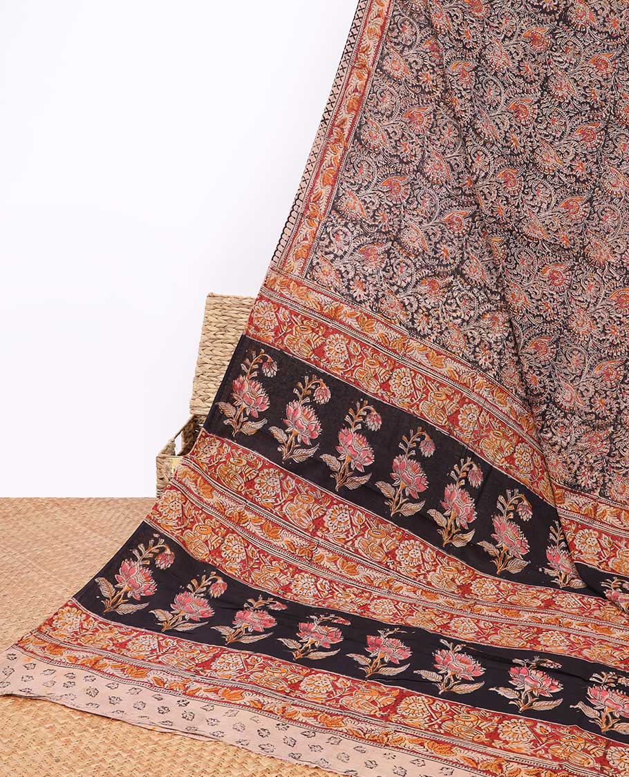 Multi-color floral design machine-printed kalamkari cotton saree with contrast floral border & intricate floral design pallu