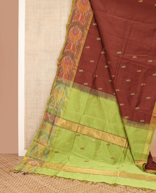 Brown buttas ploy cotton saree, contrast ikkat border, and pallu of stripes and buttas