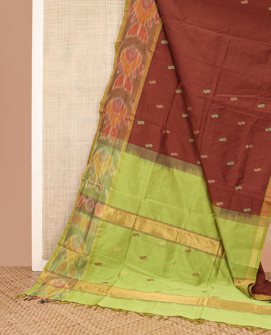 Brown buttas ploy cotton saree, contrast ikkat border, and pallu of stripes and buttas