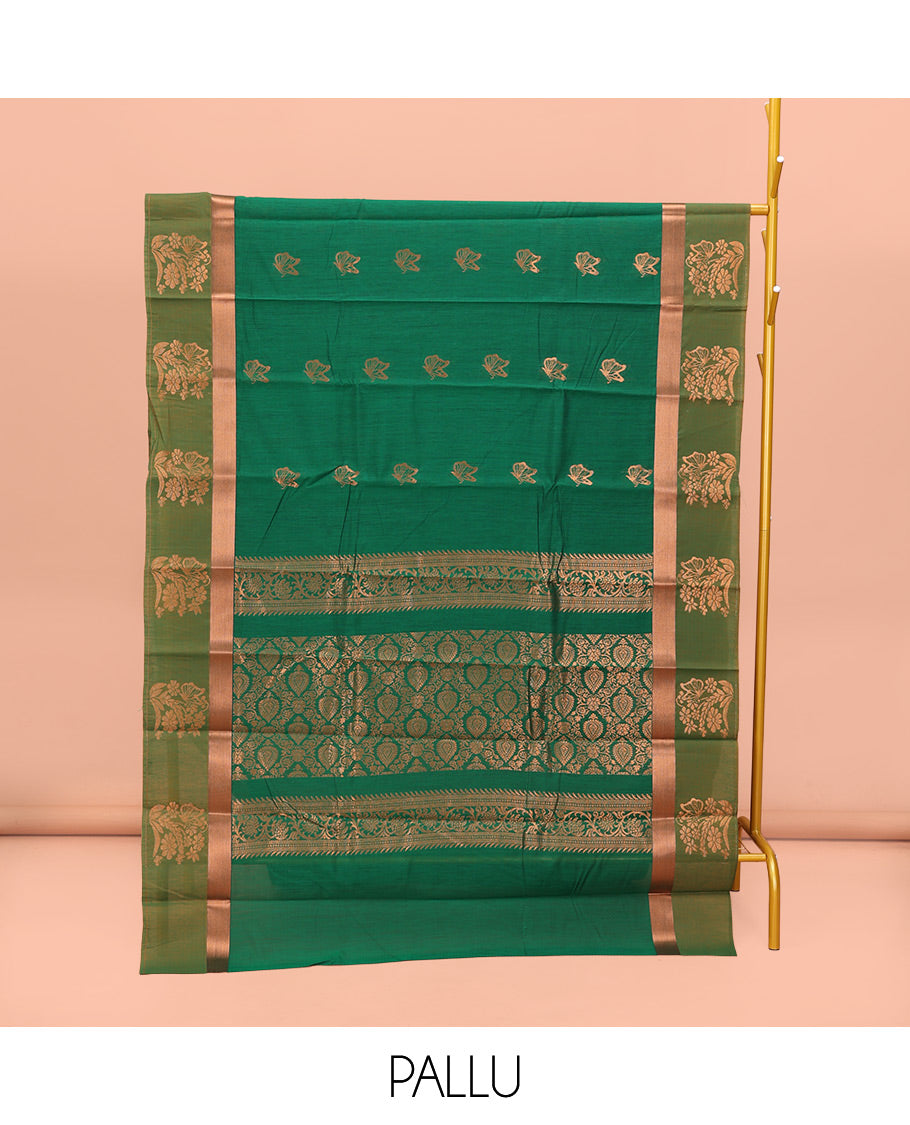 Green Semi-Silk Cotton Saree, Prettified with Butterfly Zari Buttas All Over Its Body, Complemented by a Contrast Border of Floral Designs, Intricately Designed Pallu, and Paired with a Matching Blouse