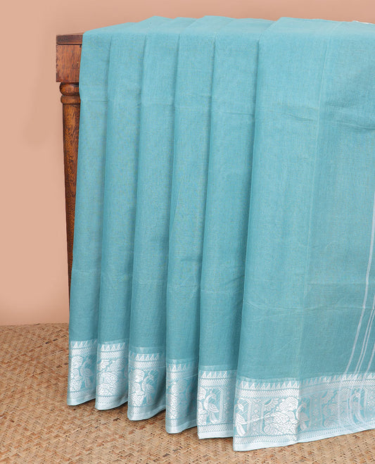 Blue bengal cotton saree with self floral design border & striped pallu