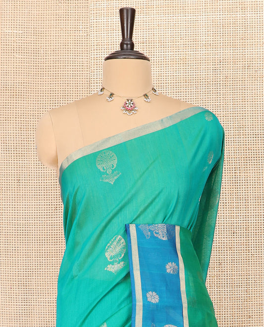 Green Silk Cotton Saree Richly Detailed with Zari Buttas All Over the Body, Complemented by a Contrast Zari Design Woven Border, Featuring a Pallu of Jaal Designs, and Paired with a Contrast Blouse