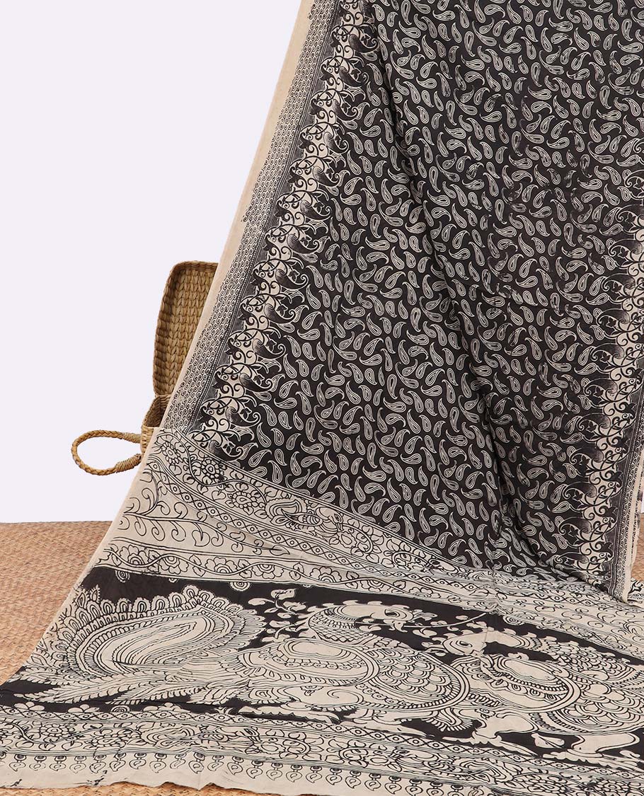 Black paisleys motifs machine printed kalamkari cotton saree with self-border & animal, floral design pallu