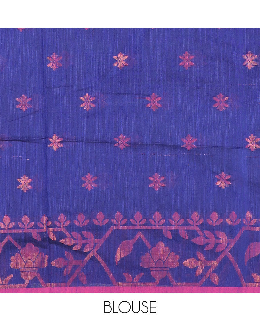 Royal blue zari buttas Kadhi cotton saree, paithani-style floral-theme zari woven border & paithani-style motifs zari woven pallu