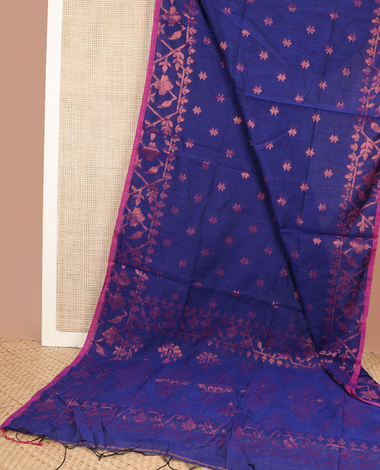 Royal blue zari buttas Kadhi cotton saree, paithani-style floral-theme zari woven border & paithani-style motifs zari woven pallu