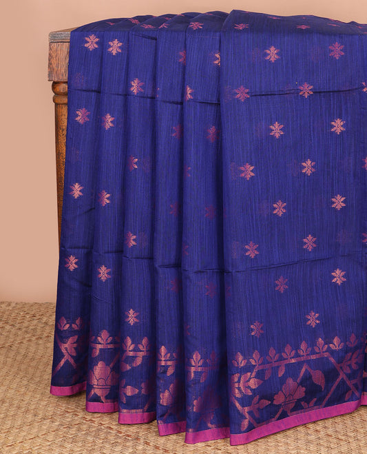 Royal blue zari buttas Kadhi cotton saree, paithani-style floral-theme zari woven border & paithani-style motifs zari woven pallu