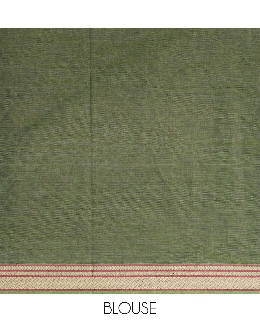 Green checked Coimbatore cotton saree, geometric-patterned border & contrast geometric-patterned pallu