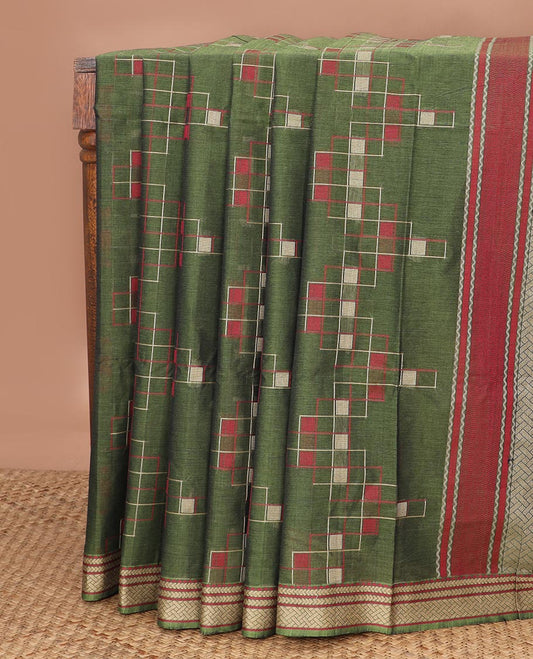 Green checked Coimbatore cotton saree, geometric-patterned border & contrast geometric-patterned pallu