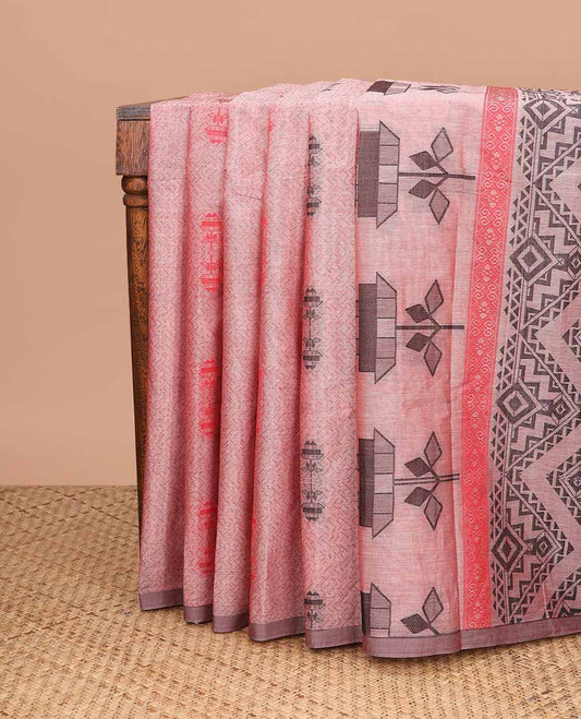 Pastel red geomteric design coimbatore cotton saree with contrast border & geometric design pallu