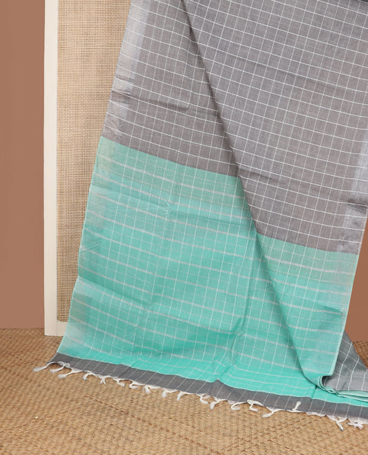 Light grey checked design  jute cotton saree, zari border & contrast striped pallu