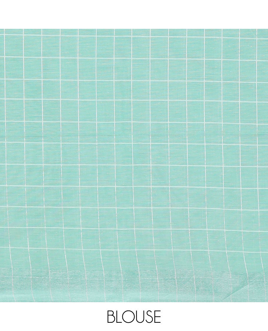 Light grey checked design  jute cotton saree, zari border & contrast striped pallu
