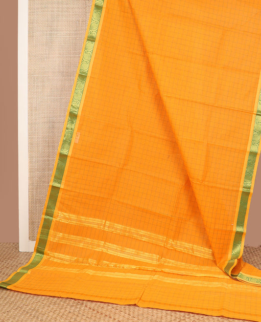 Yellow checked Chettinad cotton saree, contrast paisley design border & zari striped pallu
