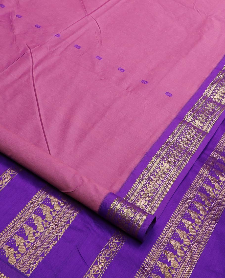 Light purple thread buttas nine-yard cotton saree, contrast zari border, and pallu steeped with traditional motifs