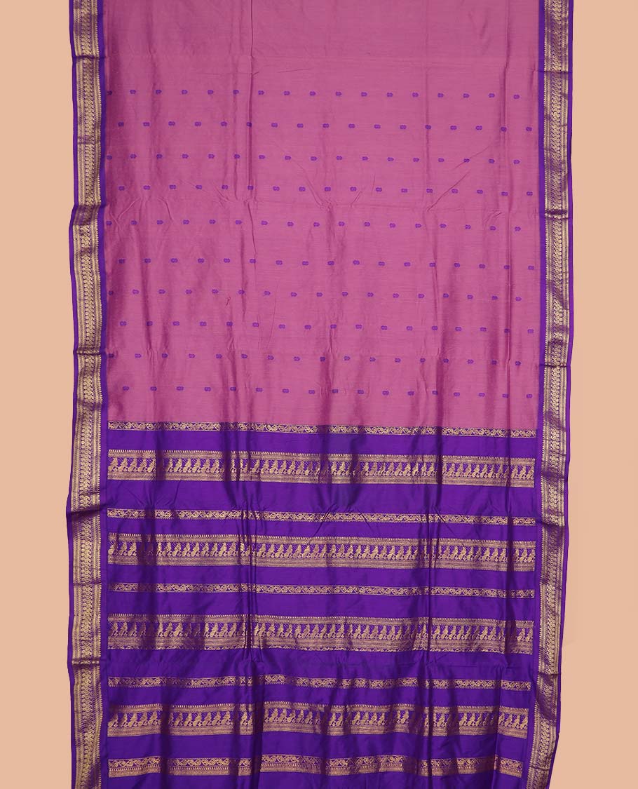 Light purple thread buttas nine-yard cotton saree, contrast zari border, and pallu steeped with traditional motifs
