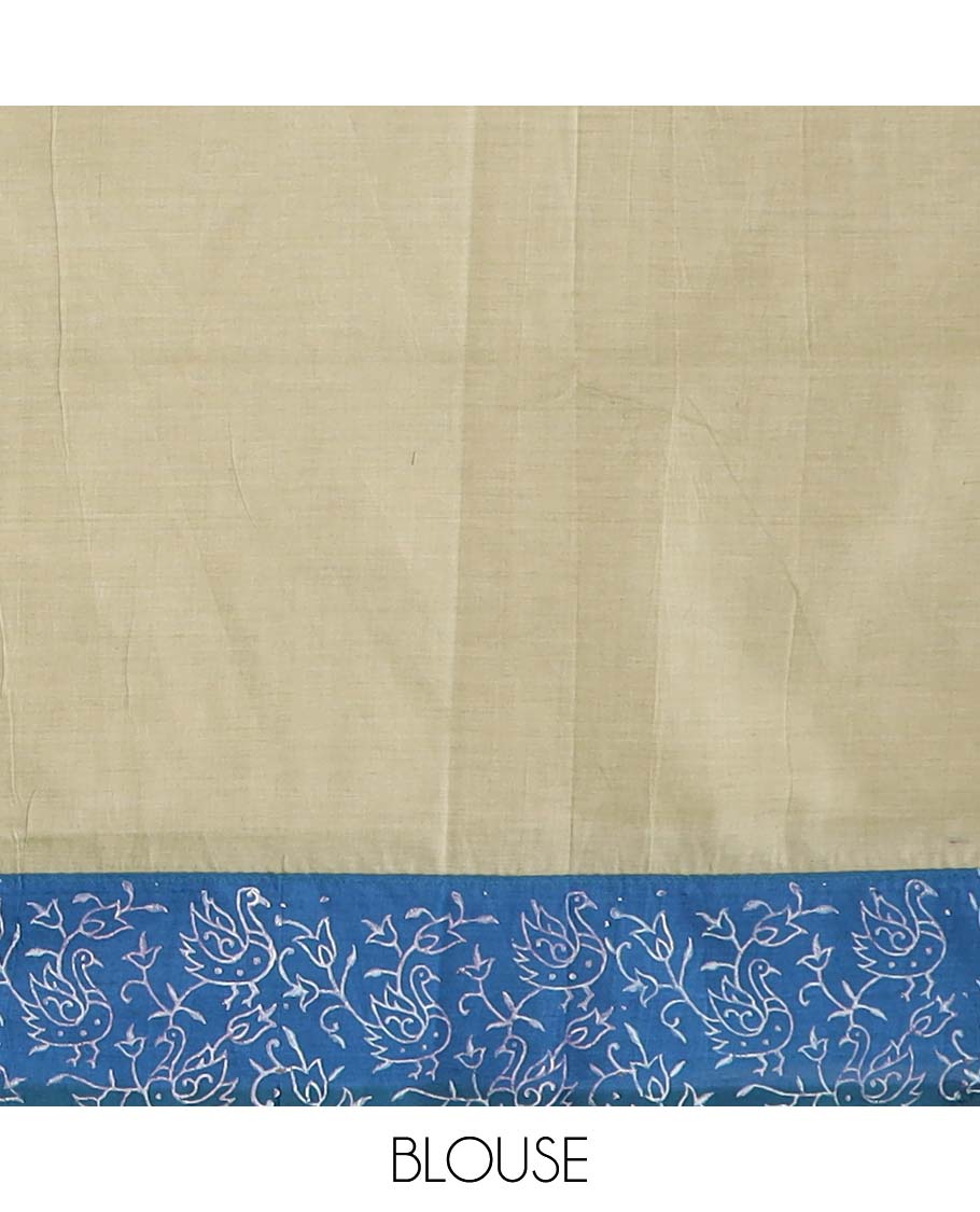 Blue bird and floral vine printed poly cotton saree, contrast block printed motif border, and block printed motif pallu
