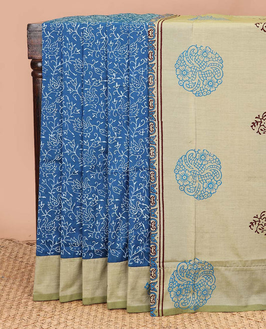 Blue bird and floral vine printed poly cotton saree, contrast block printed motif border, and block printed motif pallu