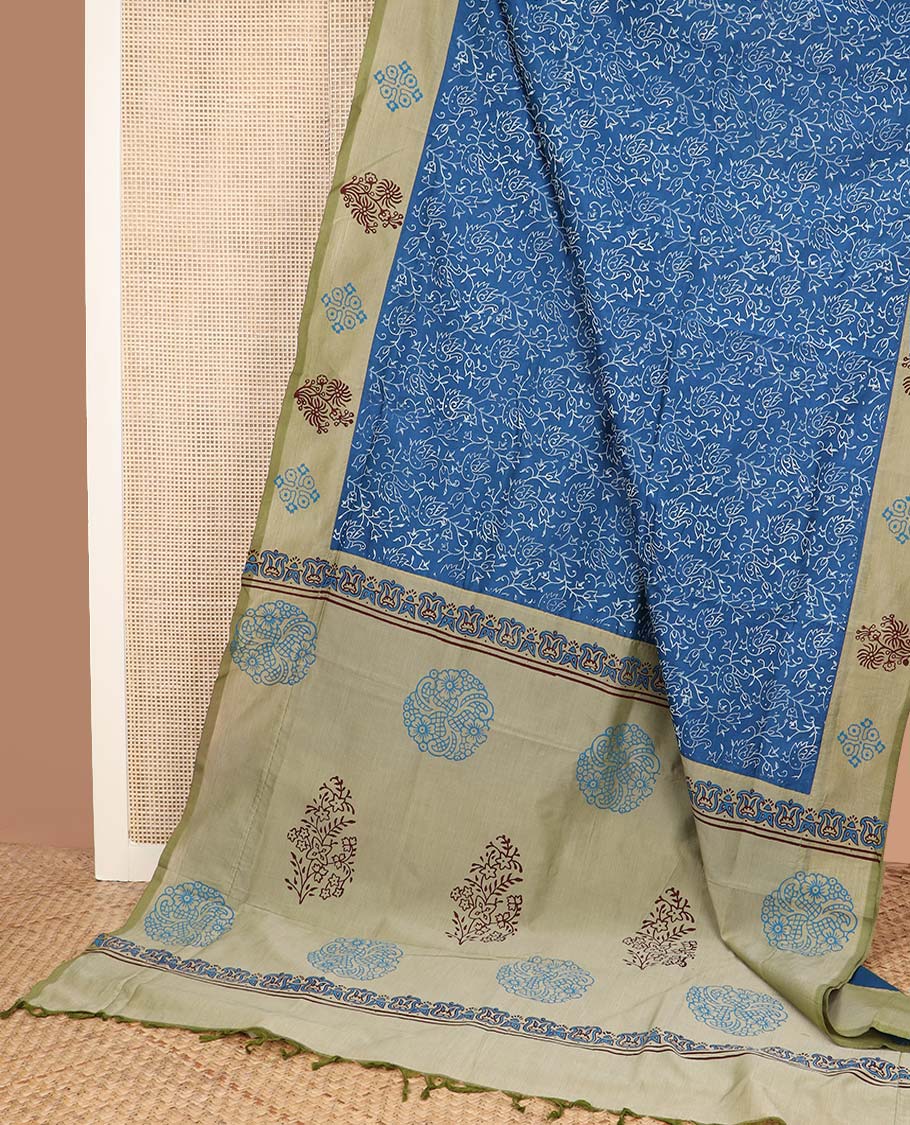 Blue bird and floral vine printed poly cotton saree, contrast block printed motif border, and block printed motif pallu