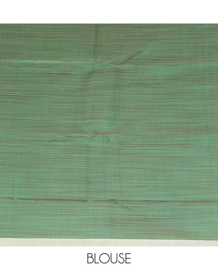 Pale green floral buttas printed chirala cotton saree, bavanji border, and contrast paisley print pallu