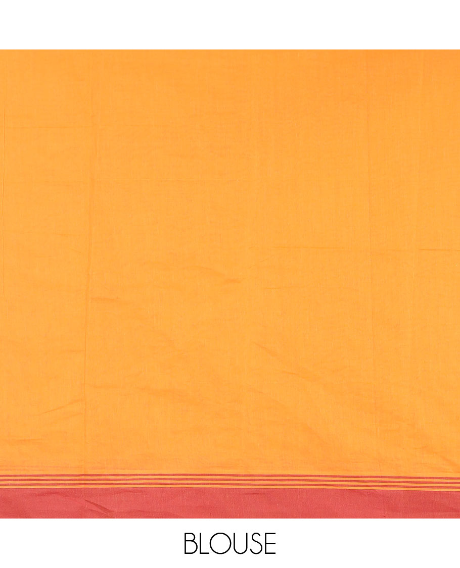 Orange buttas kanchi cotton saree, contrast plain border, and jaal pallu