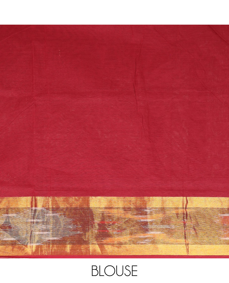 Red rangoli-style motifs printed Andhra cotton saree, ikkat border, and pallu of rangoli-style motifs
