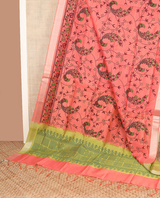 Pink floral vine and bird printed chirala cotton saree, plain border, and contrast geometric printed pallu