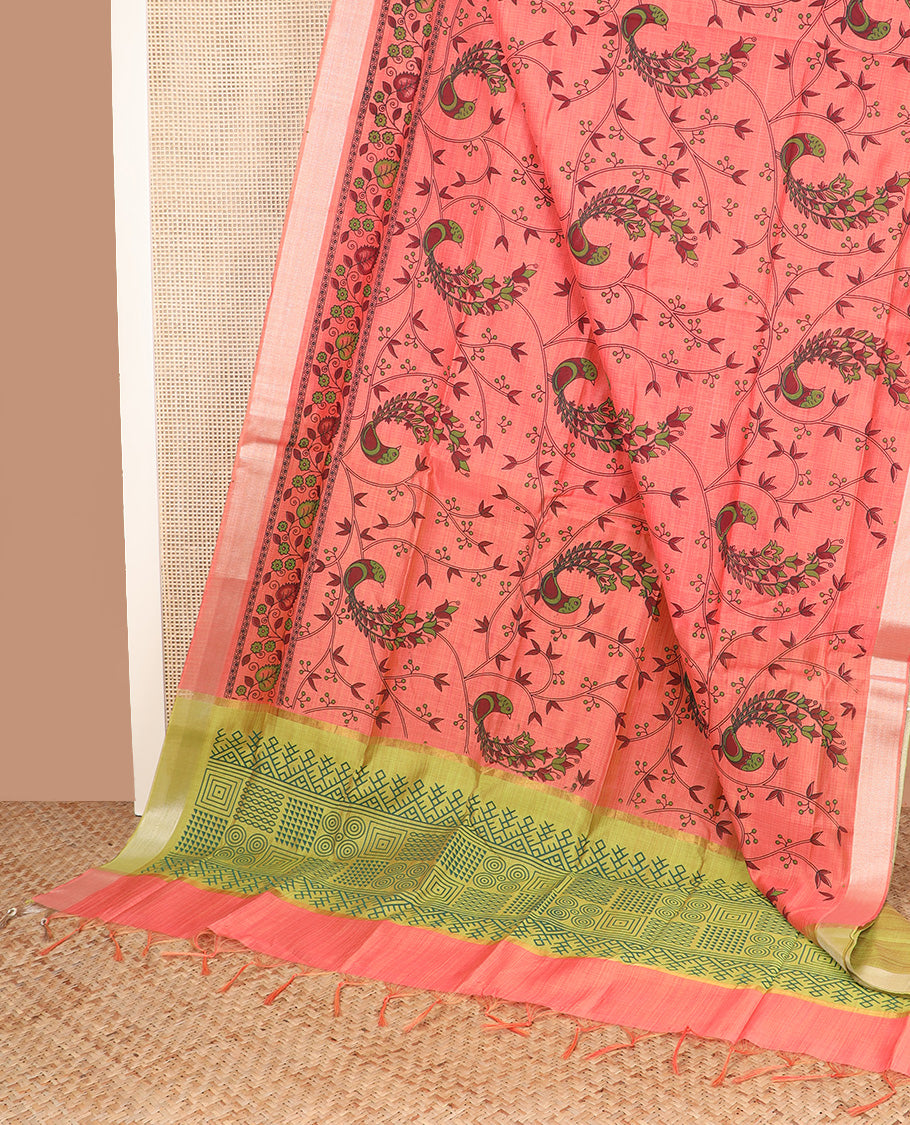 Pink floral vine and bird printed chirala cotton saree, plain border, and contrast geometric printed pallu