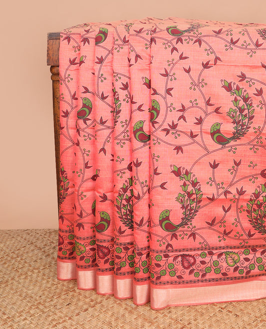 Pink floral vine and bird printed chirala cotton saree, plain border, and contrast geometric printed pallu