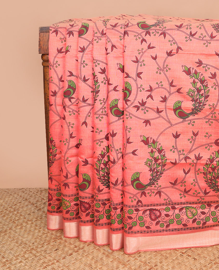 Pink floral vine and bird printed chirala cotton saree, plain border, and contrast geometric printed pallu