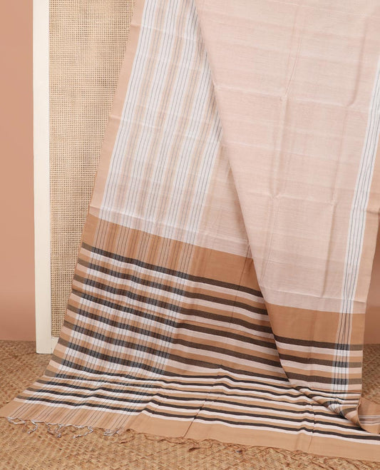Sandal plain Mangalgiri cotton saree, striped border, contrast striped pallu, and contrast striped blouse