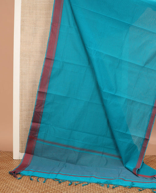 Blue striped chirala cotton saree, traditional design border, striped pallu, and contrast paisley blouse