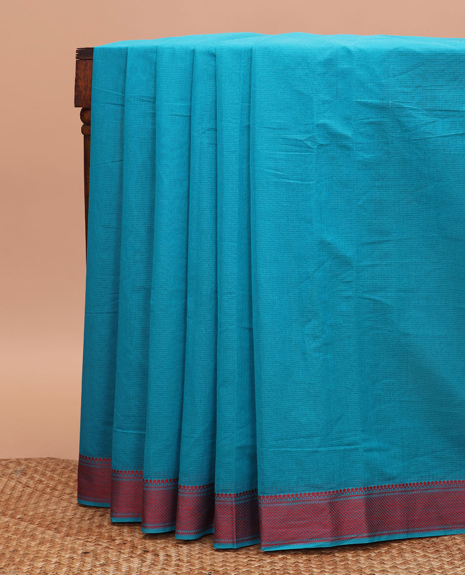 Blue striped chirala cotton saree, traditional design border, striped pallu, and contrast paisley blouse
