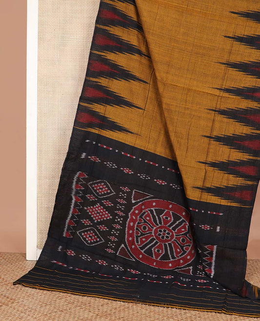 Mustard plain ikkat cotton saree, temple border, and contrast ikkat woven pallu