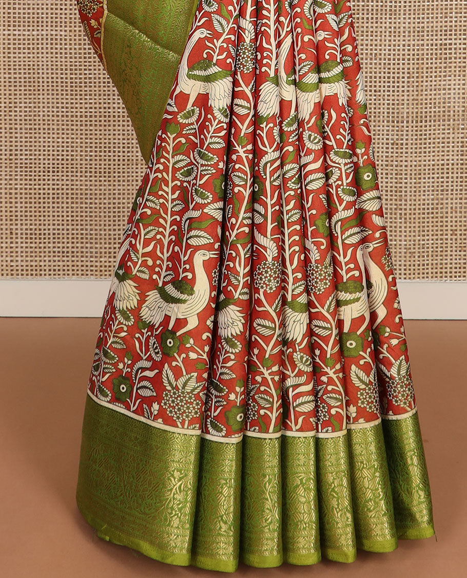 Orange flora and fauna motifs patola silk saree, contrast floral design zari border, and pallu of floral and bird motifs