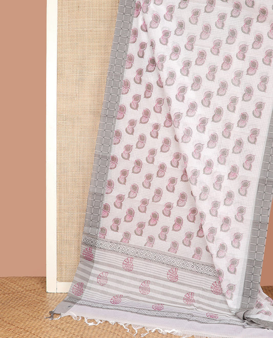 White Chirala Cotton Saree, Beautifully Printed with Checks and Leaf Motifs All Over Its Body, Complemented by a Contrast Checked Border, Pallu of Floral-Shell Motifs Print, and Paired with a Contrast Blouse