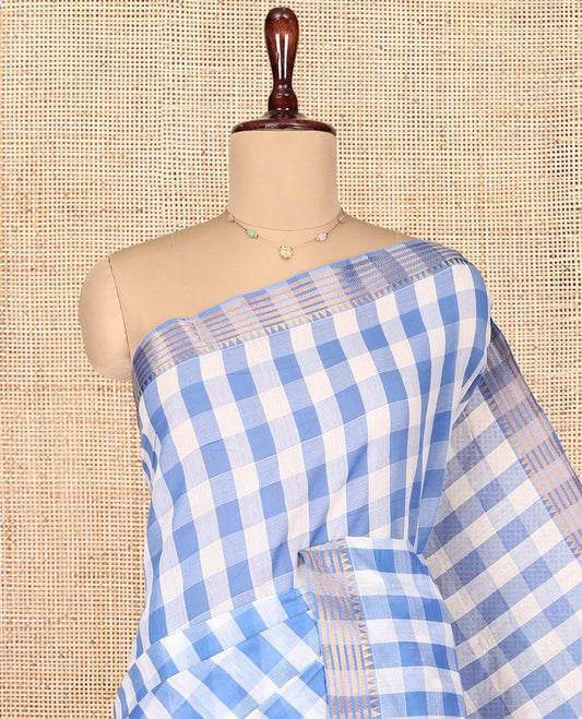 Blue Checked Mangalgiri Cotton Saree, Highlighted by Zari Temple Border, Zari-Striped Pallu, and Paired with a Matching Blouse