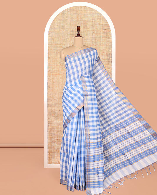 Blue Checked Mangalgiri Cotton Saree, Highlighted by Zari Temple Border, Zari-Striped Pallu, and Paired with a Matching Blouse