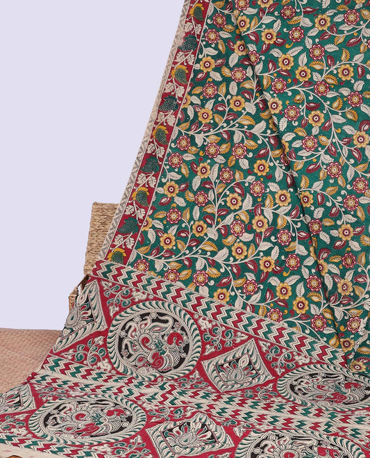 Green floral vine design machine-printed kalamkari cotton saree with floral design border & peacock, geometric design pallu