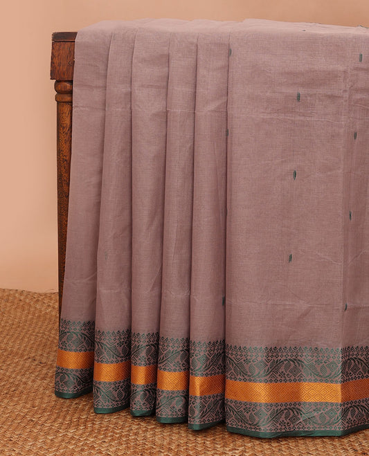 Brown buttas Bengal cotton saree, contrast traditional design border & pallu of stripes & buttas