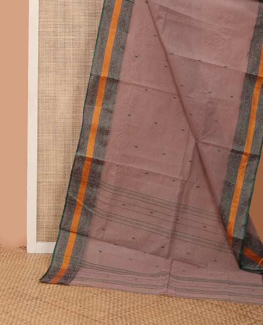 Brown buttas Bengal cotton saree, contrast traditional design border & pallu of stripes & buttas