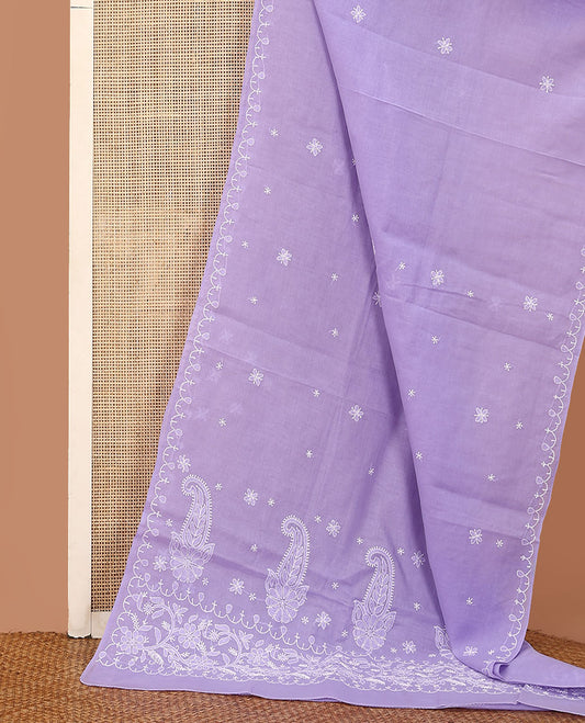 Purple embroidered buttas Lucknowi chikankari saree, thread embroidered border, and floral-paisley motifs embroidered pallu