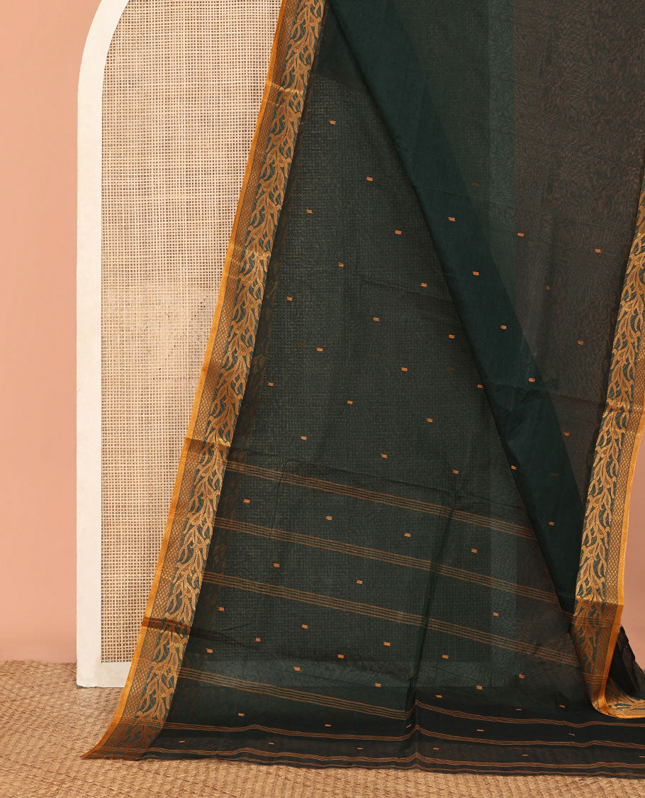 Deep Green Bengal Cotton Saree, Delicately Woven with Buttas, a Self-Border of Vine Design, Striped Pallu, and No Blouse