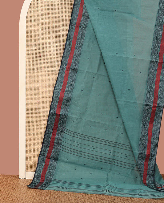 Blue Bengal Cotton Saree Beautified with Thread Buttas All Over Its Body, Subtly Woven Border of Floral Creeper Thread Designs, Pallu of Stripes and Buttas, and Comes Without a Blouse