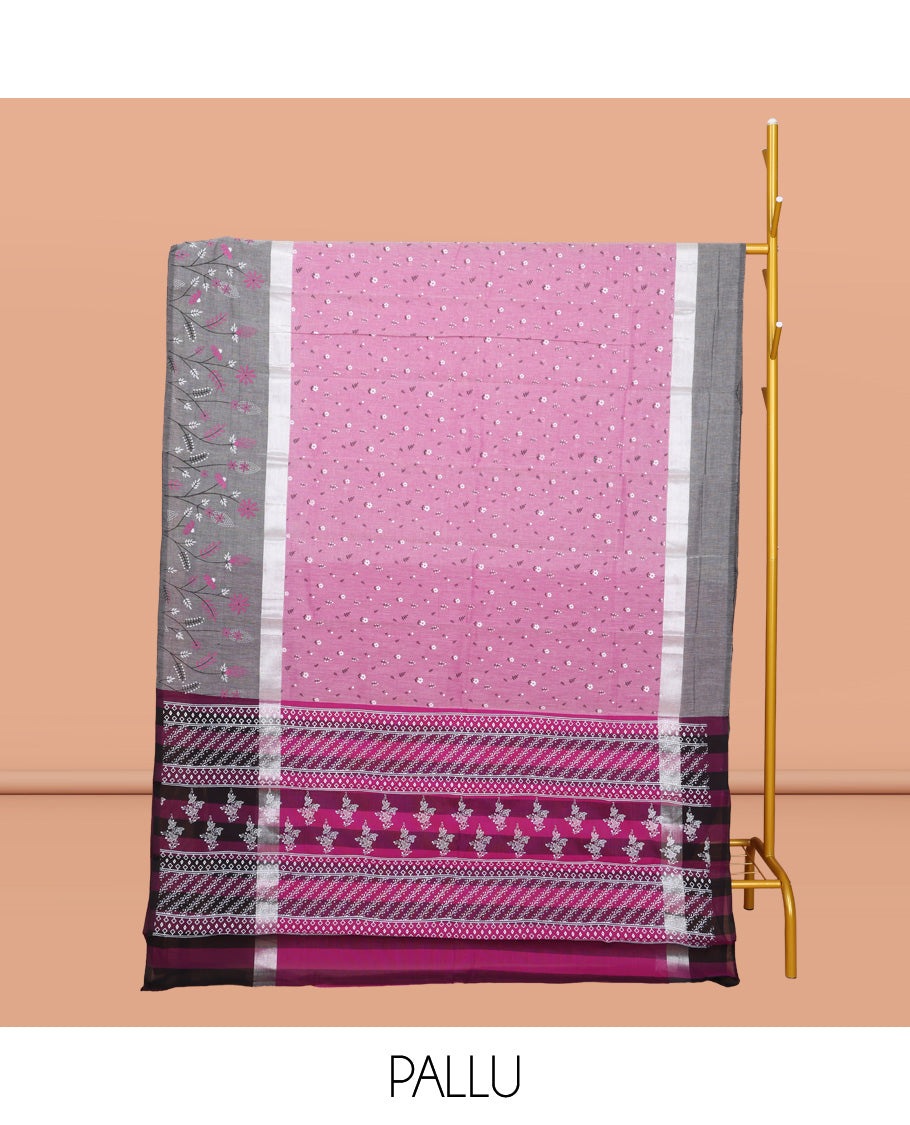 Pink Chirala Cotton Saree, Steeped with Buttas, a Contrast Floral Border, Printed Pallu, and a Contrast Blouse