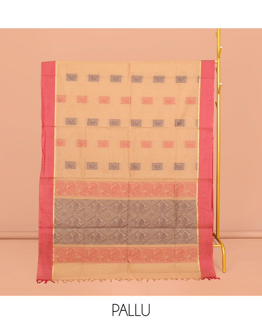 Sandal Coimbatore Cotton Saree, Accentuated with Paisley Buttas, a Contrast Plain Border, a Pallu of Jaal Design, and a Matching Blouse