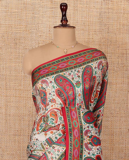 Multi-Color Dola Silk Saree, Elegantly Highlighted with Kaleidoscope-Colored Floral-Paisley Prints, Captivating Contrast Printed Border, Multi-Colored Printed Pallu, and Paired with a Contrast Blouse