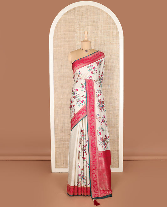 Cream meenakari floral motifs dola silk saree, contrast traditional zari border, and intricate pallu