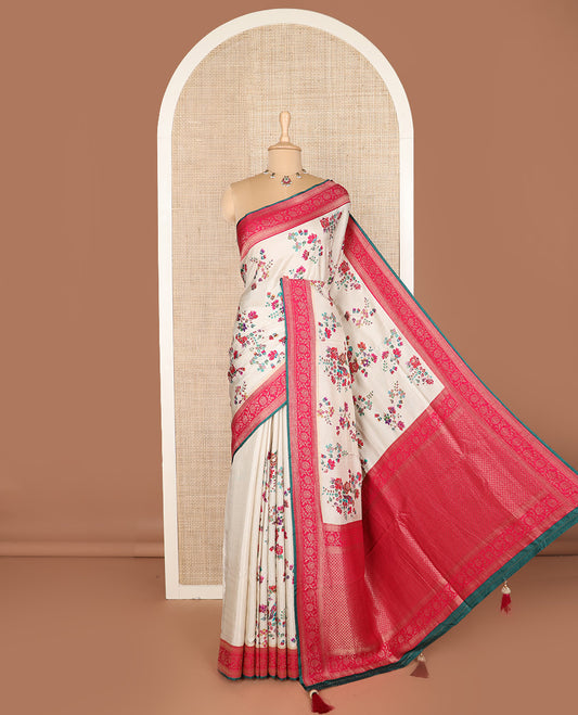 Cream meenakari floral motifs dola silk saree, contrast traditional zari border, and intricate pallu
