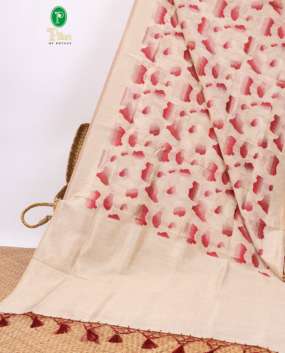 Cream intricate design semi-raw tussar saree with self border & plain pallu